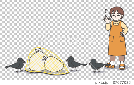 A woman in an apron wearing a garbage bag with a garbage net and signing OK [Color / No wall] 87677023