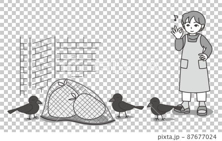 A woman in an apron wearing a garbage bag covered with a garbage net and giving an OK sign B [single color / with wall] 87677024