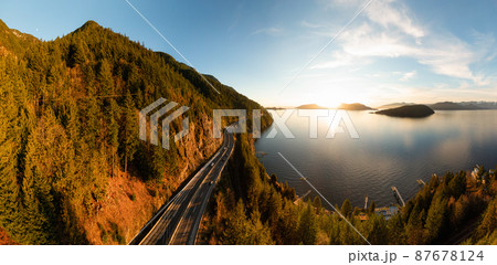 Aerial Panoramic View of Sea to Sky Highway on Pacific Ocean West Coast. 87678124