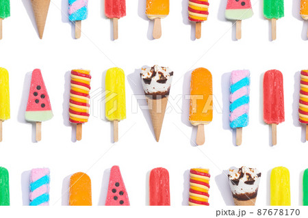 Collection of different colorful popsicles and ice cream on white background. Flat lay composition. 87678170