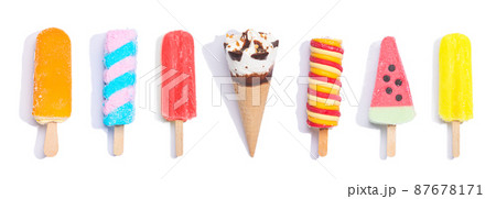 Collection of different colorful popsicles and ice cream on white background. Panorama  composition. 87678171