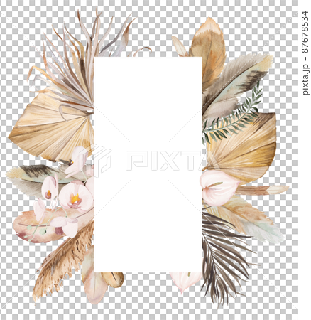 Watercolor Bohemian frame with feathers, dried leaves and tropical flowers illustration 87678534