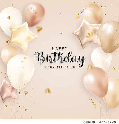 Happy Birthday congratulations banner design with Confetti, Balloons and Glossy Glitter Ribbon for Party Holiday Background 87678606