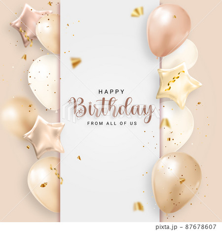 Happy Birthday congratulations banner design with Confetti, Balloons and Glossy Glitter Ribbon for Party Holiday Background 87678607