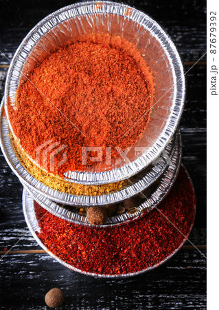 pepper set spice turmeric barberry dark wood background retro style pepper set spice turmeric barberry dark wood background retro style 87679392