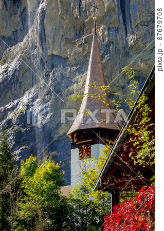 Lauterbrunnen church near Staubbach waterfall, Switzerland 87679708