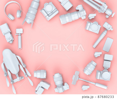 Top view of designer workspace and photography gear on black table background Top view of designer workspace and photography gear on black table background 87680233