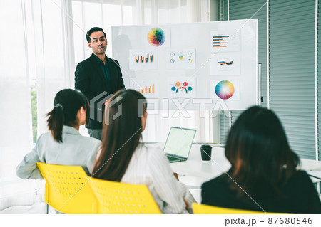 Business people proficiently discuss work project while sitting in circle Business people proficiently discuss work project while sitting in circle 87680546
