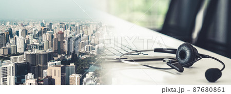 Headset and customer support equipment at call center ready for actively service Headset and customer support equipment at call center ready for actively service 87680861