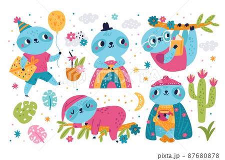 Sloth characters. Cute animals in different poses and activities. Funny sleepy, reading, drinking tropical lazy creatures. Rainbow and palm leaves. Vector hanging on branches mammals set 87680878