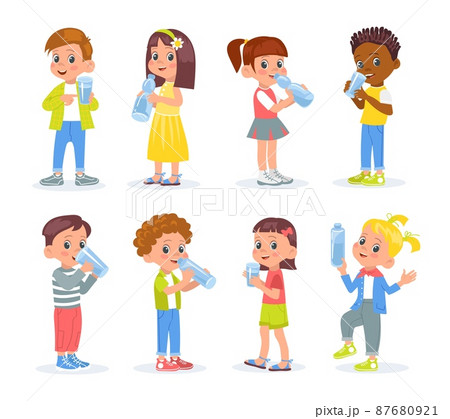 Kids drink water. Happy boys and girls hold plastic bottles and cups with clean water. Children quench thirst. Young people with glasses. Healthy habits. Vector thirsty persons set Kids drink water. Happy boys and girls hold plastic bottles and cups with clean water. Children quench thirst. Young people with glasses. Healthy habits. Vector thirsty persons set 87680921