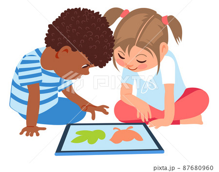 Children looking on tablet screen. Cartoon kids with modern devices 87680960