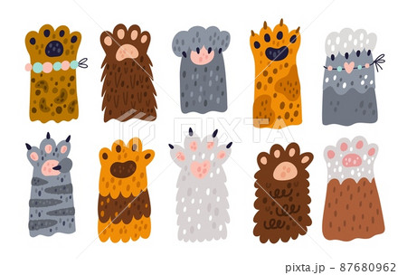 Cat paws. Cute little pets icons. Sweet animals extremity. Different colors and breeds, spotted, striped and fluffy kittens legs. Furry mammals feet with claws. Vector feline limbs set 87680962