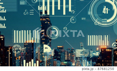 Business data analytic interface fly over smart city showing alteration future Business data analytic interface fly over smart city showing alteration future 87681250