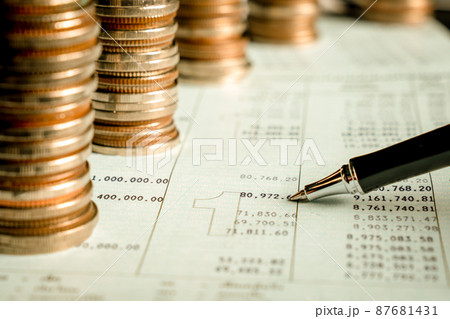 Pile of gold coins money stack in finance treasury deposit bank account saving Pile of gold coins money stack in finance treasury deposit bank account saving 87681431