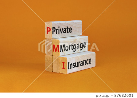 PMI private mortgage insurance symbol. Concept words PMI private mortgage insurance on blocks on a orange table, orange background. Business PMI private mortgage insurance concept. Copy space. 87682001