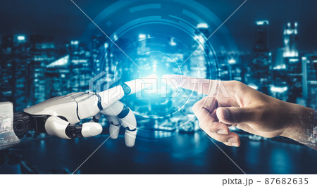Futuristic AI thinking of droid robot artificial intelligence concept Futuristic AI thinking of droid robot artificial intelligence concept 87682635