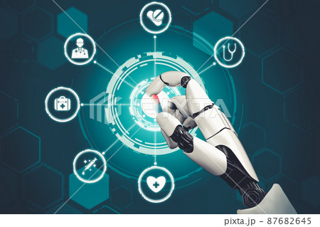 Medical artificial intelligence droid robot working in future hospital 87682645