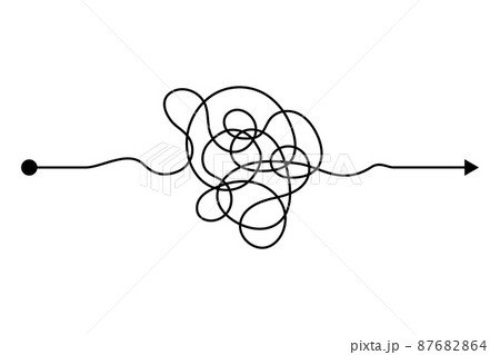 Arrow chaos mindset mess. Doodle knot line concept with freehand scrawl sketch. Vector hand drawn difficult thought process. Tangle path Arrow chaos mindset mess. Doodle knot line concept with freehand scrawl sketch. Vector hand drawn difficult thought process. Tangle path 87682864