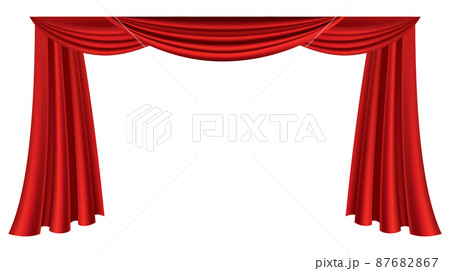 Red curtains realistic. Theater fabric silk decoration for movie cinema or opera hall. Luxury curtains and draperies interior decoration object. Isolated on white for theater stage Red curtains realistic. Theater fabric silk decoration for movie cinema or opera hall. Luxury curtains and draperies interior decoration object. Isolated on white for theater stage 87682867