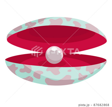 Pearl in seashell. Open seashell scallop and pearl shell icon. Beautiful pearl in clam shell in cartoon flat style. Vector illustration isolated on white background Pearl in seashell. Open seashell scallop and pearl shell icon. Beautiful pearl in clam shell in cartoon flat style. Vector illustration isolated on white background 87682868