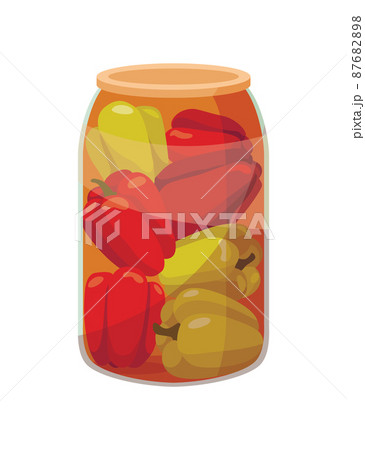 Jar preserved vegetables. Can of pickled pepper. Cartoon canned food in glass. Grocery conserve container Jar preserved vegetables. Can of pickled pepper. Cartoon canned food in glass. Grocery conserve container 87682898