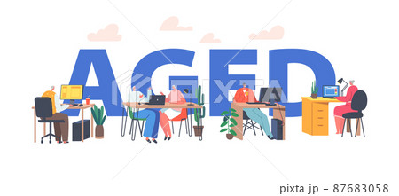 Senior People Using Gadgets and Smart Devices Concept. Aged Male and Female Characters Sitting Communicate via Internet Senior People Using Gadgets and Smart Devices Concept. Aged Male and Female Characters Sitting Communicate via Internet 87683058