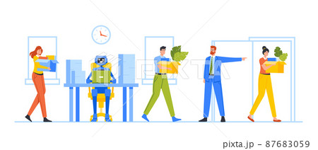 Boss Replacing Employees on Robot. Male Character Leave Office with Stuff in Carton Box due to Dismissal from Workplace Boss Replacing Employees on Robot. Male Character Leave Office with Stuff in Carton Box due to Dismissal from Workplace 87683059