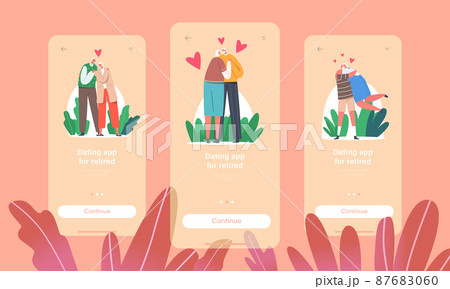 Dating Application for Retired Mobile App Page Onboard Screen Template. Happy Old Men and Women Embracing Dating Application for Retired Mobile App Page Onboard Screen Template. Happy Old Men and Women Embracing 87683060