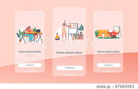 Home School Online Mobile App Page Onboard Screen Template. Mother, Father, Kids Students Characters Make Homework Home School Online Mobile App Page Onboard Screen Template. Mother, Father, Kids Students Characters Make Homework 87683065
