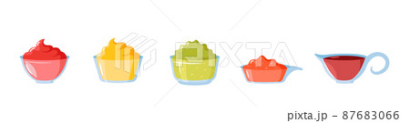 Set of Different Sauces. Chili, Ketchup, Soy, Wasabi, Mustard, Guacamole, Jalapeno Spicy Ingredients in Glass Dip Bowls Set of Different Sauces. Chili, Ketchup, Soy, Wasabi, Mustard, Guacamole, Jalapeno Spicy Ingredients in Glass Dip Bowls 87683066