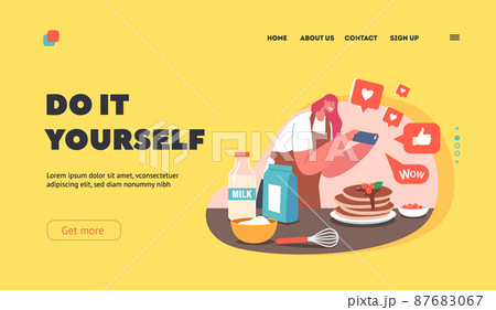 Foodie Vlog Streaming, Food Blogging Landing Page Template. Female Blogger Character with Smartphone Take Photo of Dish Foodie Vlog Streaming, Food Blogging Landing Page Template. Female Blogger Character with Smartphone Take Photo of Dish 87683067