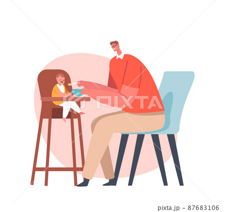 Dad Feed Baby with Spoon, Toddler Sit in Special High Chair. Father Engaged in Raising Child. Little Kid Has Breakfast 87683106