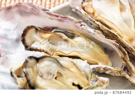 殻付きのまま電子レンジで加熱した、いわゆる「電子レンジ牡蠣」。殻付き牡蠣の簡単調理イメージ。 殻付きのまま電子レンジで加熱した、いわゆる「電子レンジ牡蠣」。殻付き牡蠣の簡単調理イメージ。 87684492