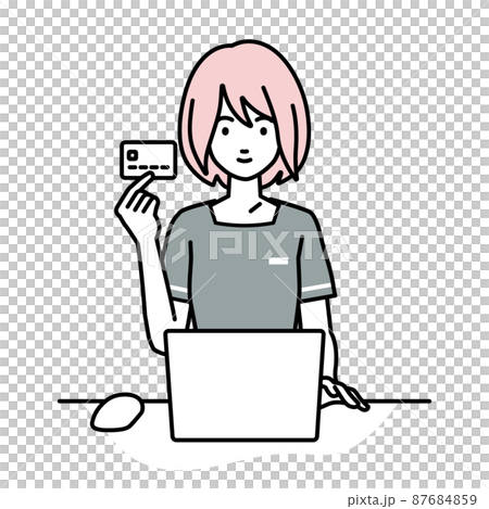 Esthetician clerk / receptionist woman sitting at a desk and using a PC while holding a credit card Esthetician clerk / receptionist woman sitting at a desk and using a PC while holding a credit card 87684859