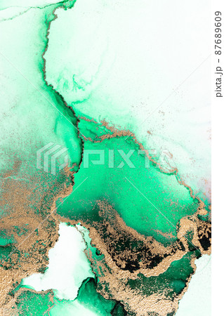 Green gold abstract background of marble liquid ink art painting on paper . 87689609