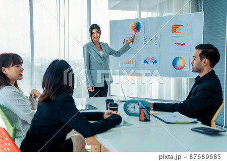 Business people proficiently discuss work project while sitting in circle Business people proficiently discuss work project while sitting in circle 87689685