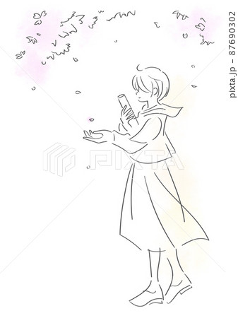 風に舞う桜の花びらを手に取ろうとしている立ち姿の女性A【色