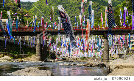春風になびく鯉のぼり風景「杖立温泉鯉のぼり祭り」(肥後・小国)観光名所 87690923