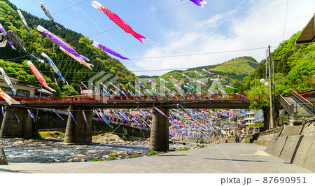 春風になびく鯉のぼり風景「杖立温泉鯉のぼり祭り」(肥後・小国)観光名所 87690951
