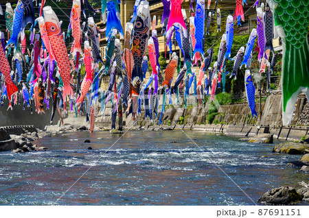 春風になびく鯉のぼり風景「杖立温泉鯉のぼり祭り」(肥後・小国)観光名所 87691151
