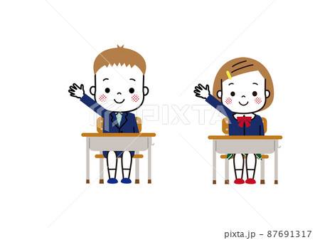 授業で手を挙げる小学生の男の子と女の子 87691317