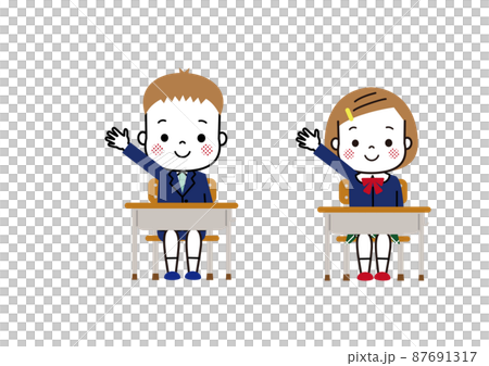 授業で手を挙げる小学生の男の子と女の子 87691317