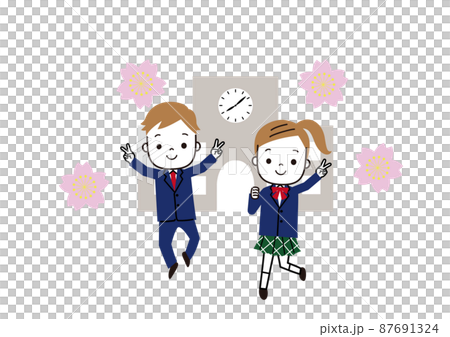 Male and female students jumping up with a V sign School building and cherry blossoms 87691324