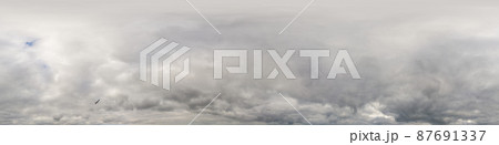 Overcast sky panorama on rainy day with Nimbostratus clouds in seamless spherical equirectangular format. Full zenith for use in 3D graphics, game and for aerial drone 360 degree panorama as sky dome. 87691337