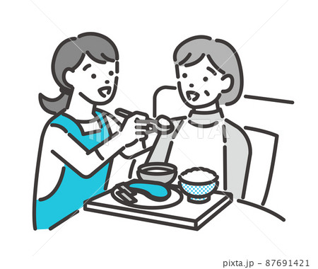 介護士（ケアマネージャー）がシニアの食事介助をするベクターイラスト素材／車椅子／高齢者／福祉士 87691421