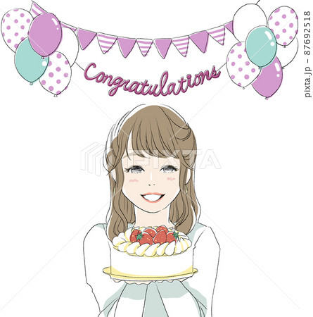 お祝いをする、ケーキを持った女性 お祝いをする、ケーキを持った女性 87692518