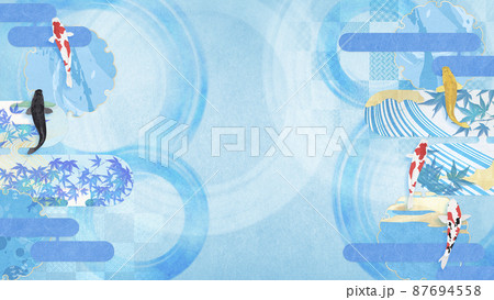夏の和風背景素材 清涼感を感じるイラスト 優雅に泳ぐ鯉 夏の和風背景素材 清涼感を感じるイラスト 優雅に泳ぐ鯉 87694558