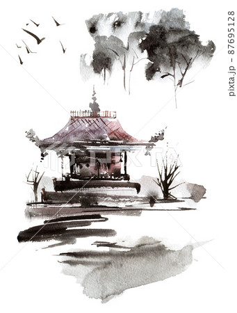 Watercolor landscape with pagoda 87695128