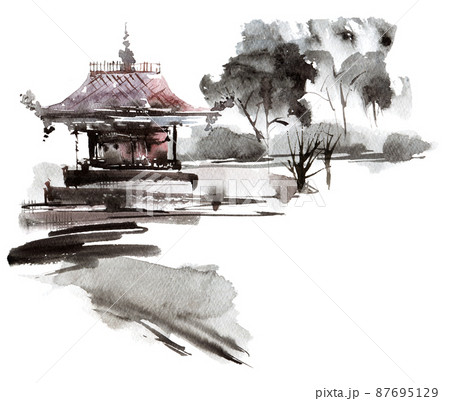 Watercolor landscape with pagoda 87695129